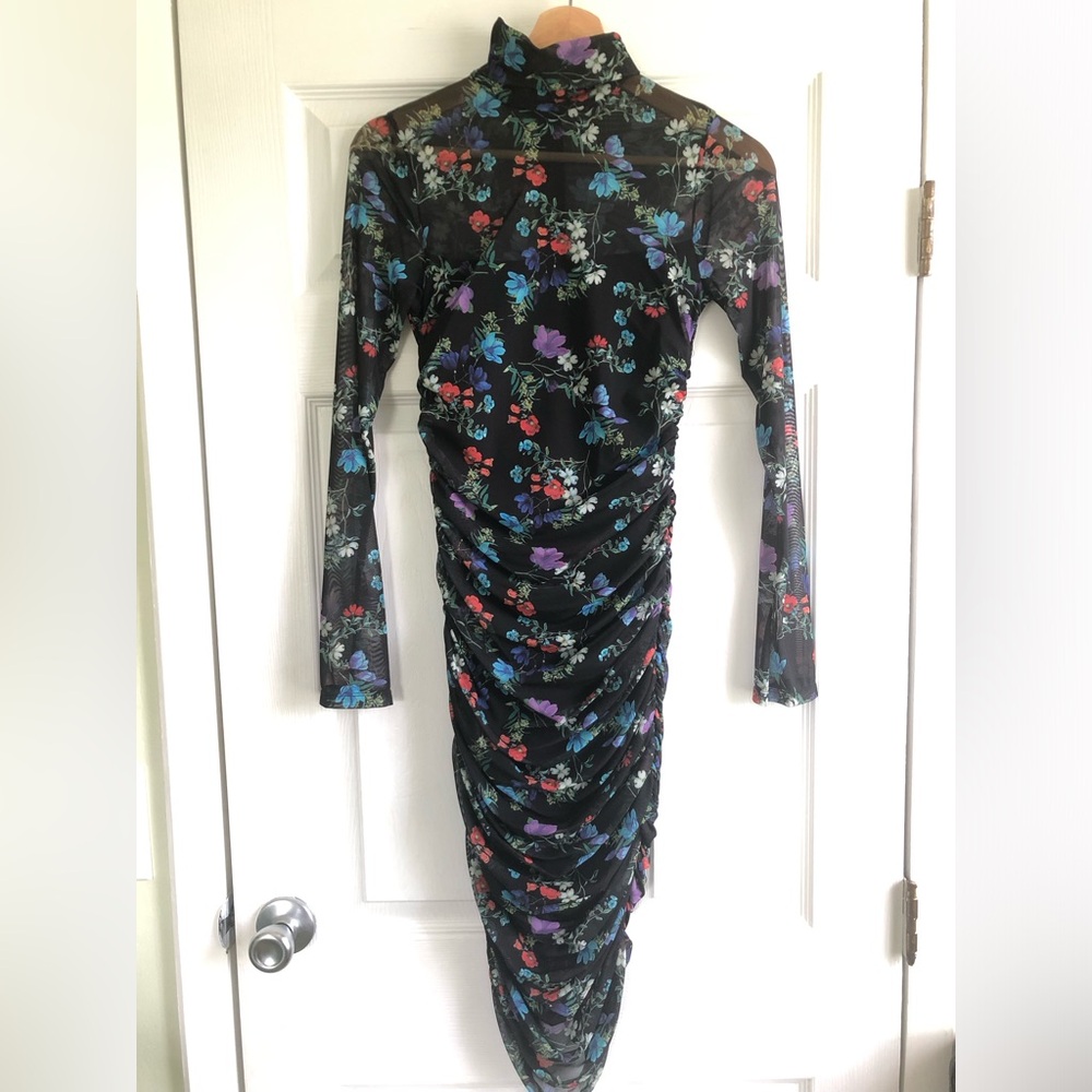 NEW!!! Alice + Olivia Delora Floral Long Sleeve Ruched Turtleneck Dress - Picture 6 of 14